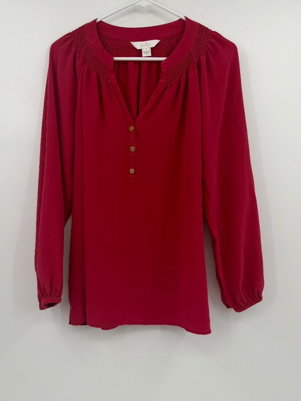 Lily Pulitzer Top Women Large Red Silk Long Sleeve Elsa Smocked Blouse Holiday
